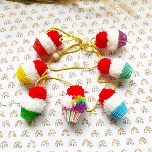 Rainbow Pride Mini Cupcake Pom Pom Garland Decor - Picture 7 of 9